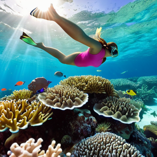 **Underwater Snorkeling Experience**: Create an image of a vibrant underwater scene showcasing colorful coral reefs and tropical fish swimming around a snorkeler in crystal-clear water. The setting should reflect the magical underwater world of the Seychelles, with sunlight filtering through the water.