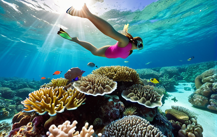 **Underwater Snorkeling Experience**: Create an image of a vibrant underwater scene showcasing colorful coral reefs and tropical fish swimming around a snorkeler in crystal-clear water. The setting should reflect the magical underwater world of the Seychelles, with sunlight filtering through the water.